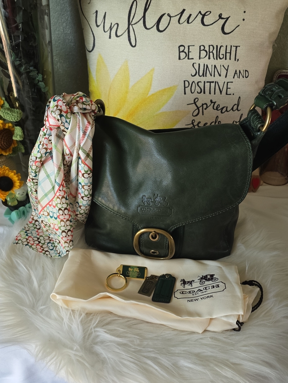 Coach Tattersall Bleeker Bottle  Green Leather, Hangtags, Scarf And Dusty